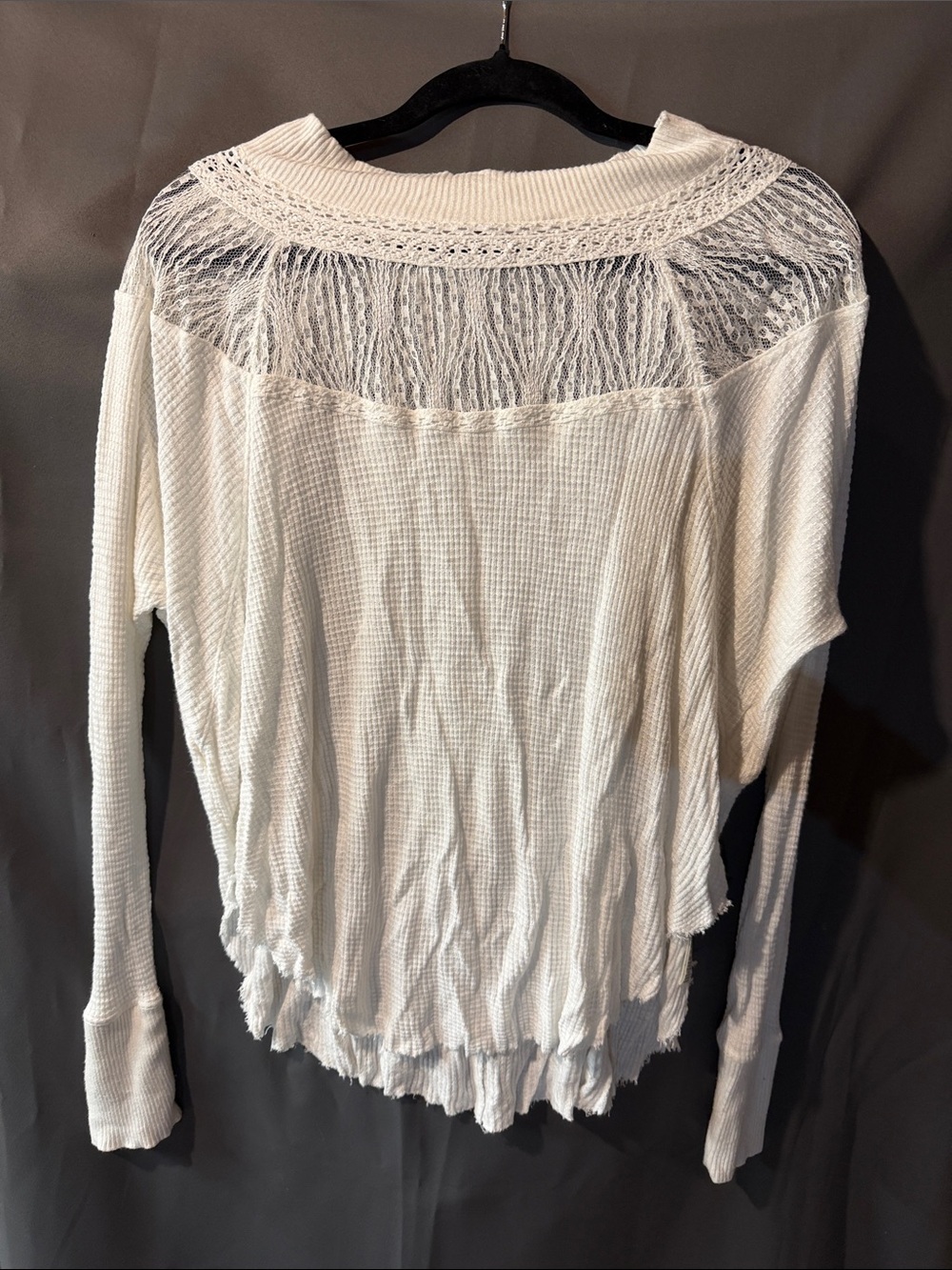 Free People Ivory Lace Yoke Waffle Knit Long Sleeve Top